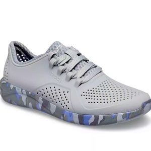 Grey/purple camo soul Crocs Pacers.